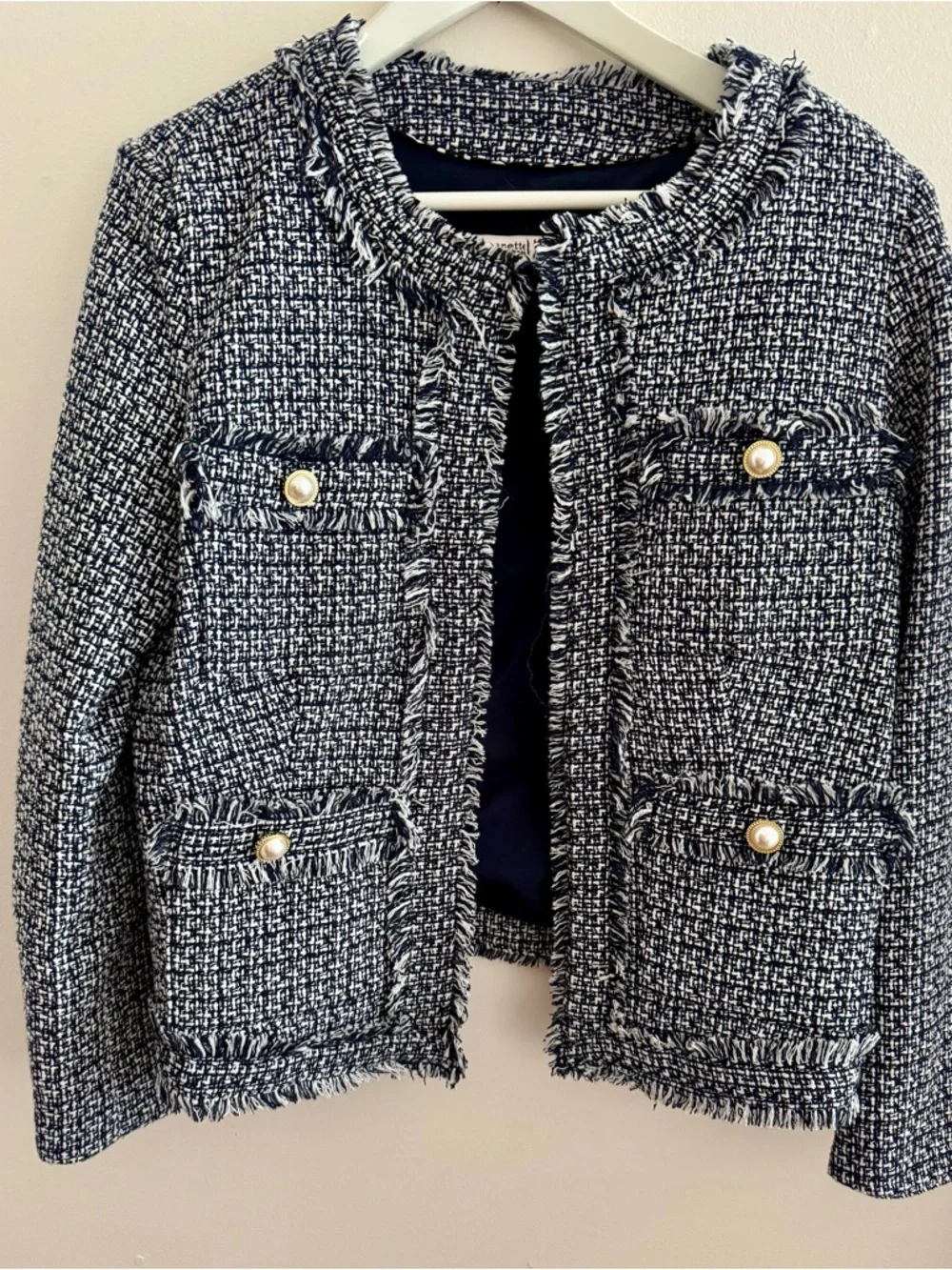 Nanette Lepore Navy Tweed Fringe Pocket Blazer - Picture 2 of 2